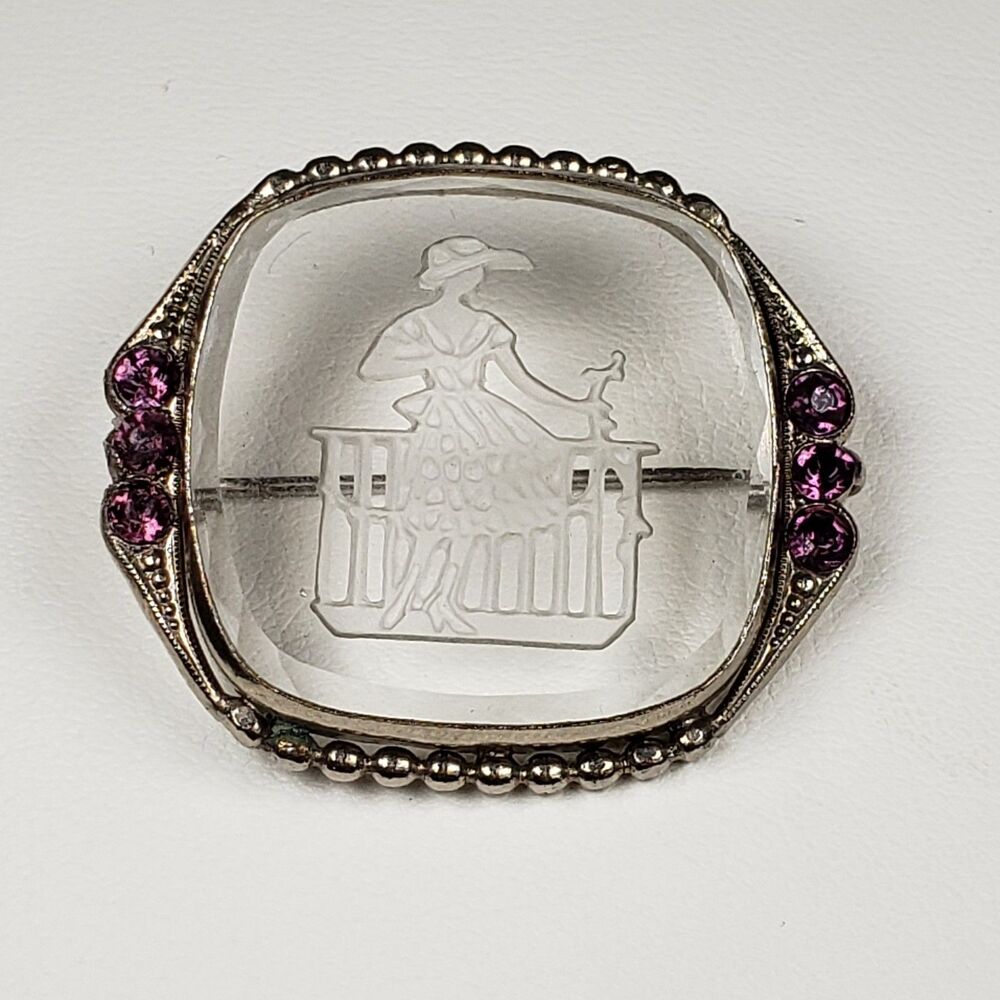 Vintage Czech Reverse Carved Intaglio Glass Lady at Fence Silver Tone Brooch